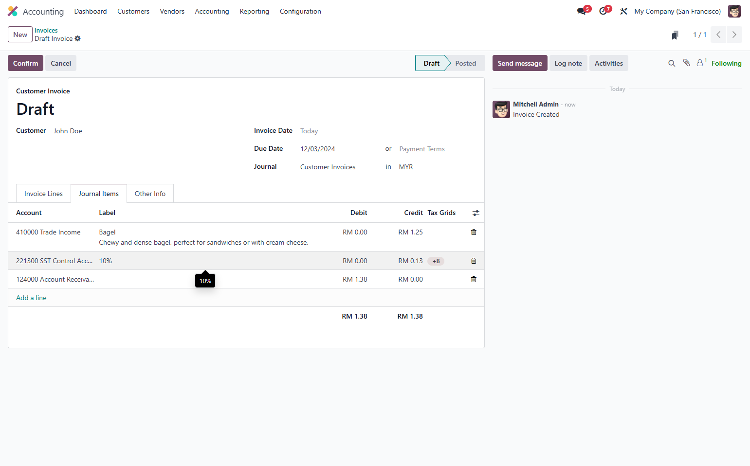 Entry for Tax is automatically created with the invoice