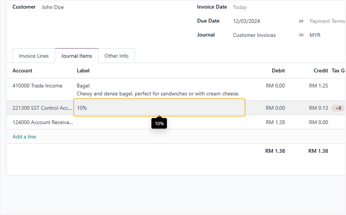 Entry for Tax is automatically created with the invoice