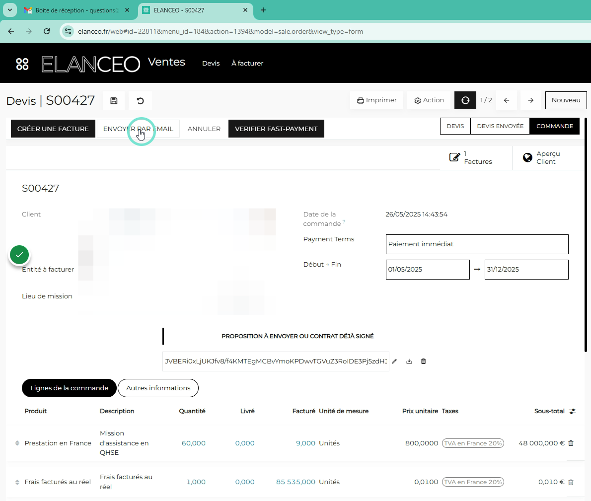 Cliquer sur ENVOYER PAR EMAIL pour signaler demander à ELANCEO de confirmer la commande