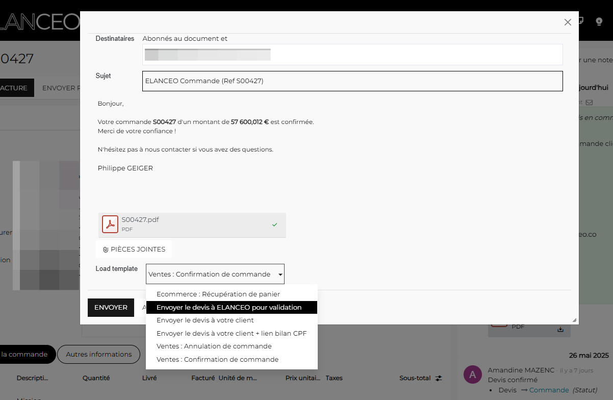 Chercher la template de mail "Envoyer le devis à ELANCEO pour validation"