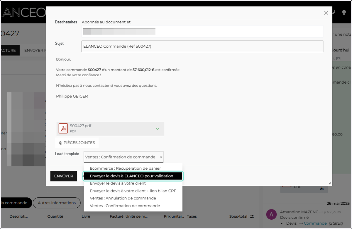 Chercher la template de mail "Envoyer le devis à ELANCEO pour validation"