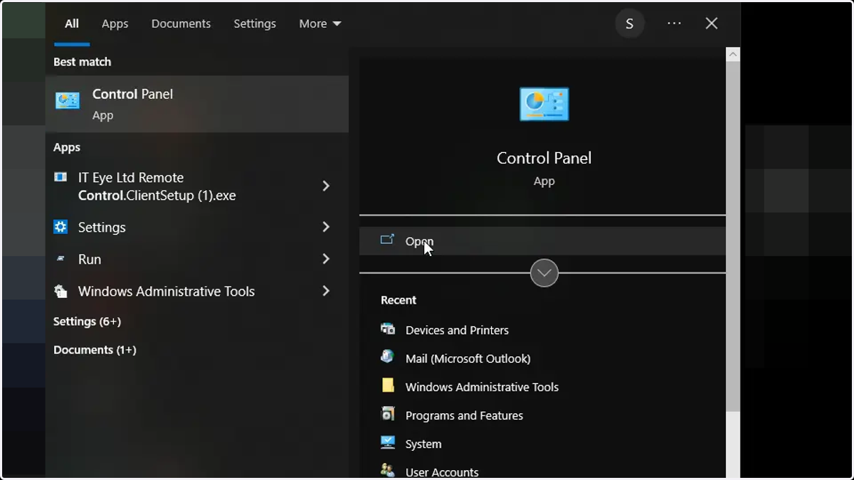 Click here to open the Control Panel