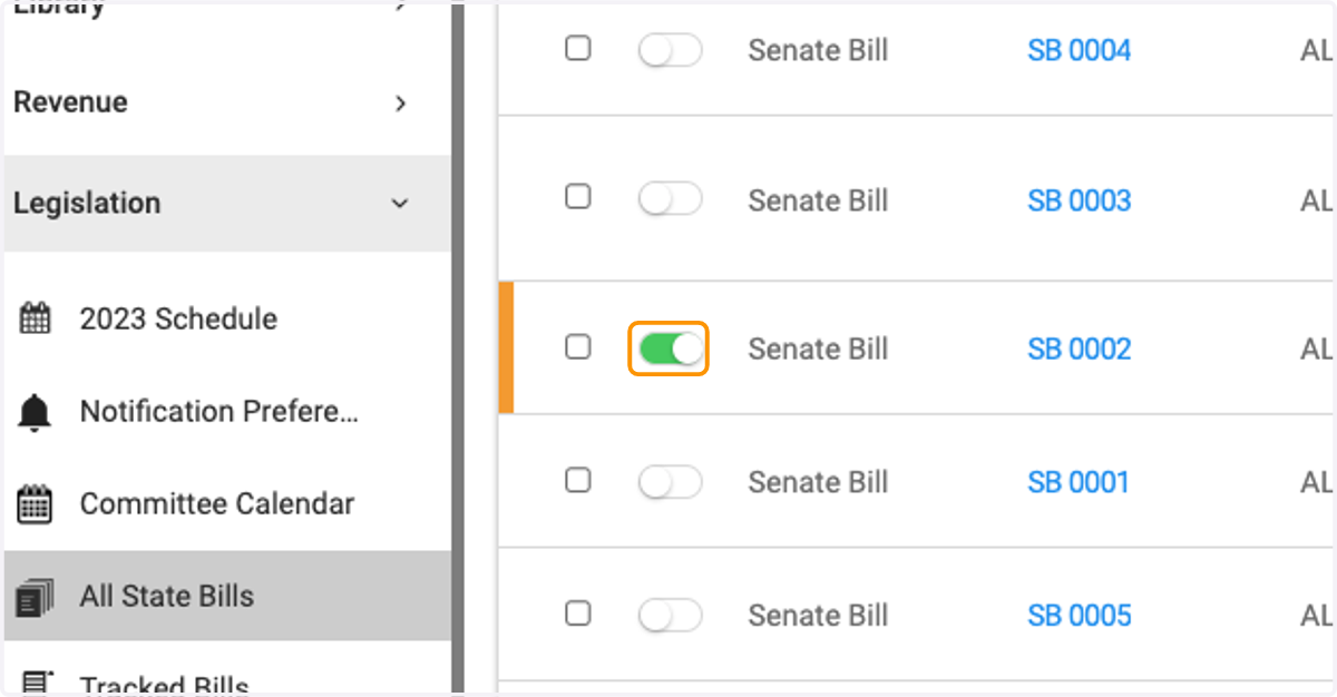 Click on toggle to Untrack the bill