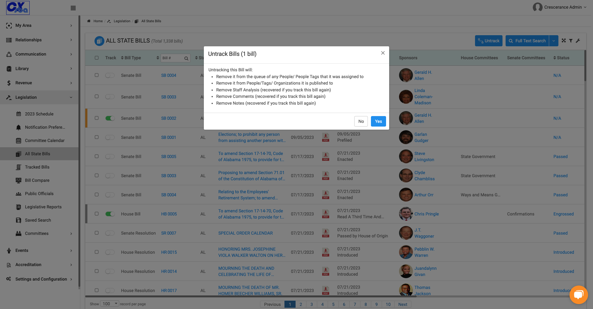 Review the pop-up menu to see implications of removing untracking the bill and click Yes