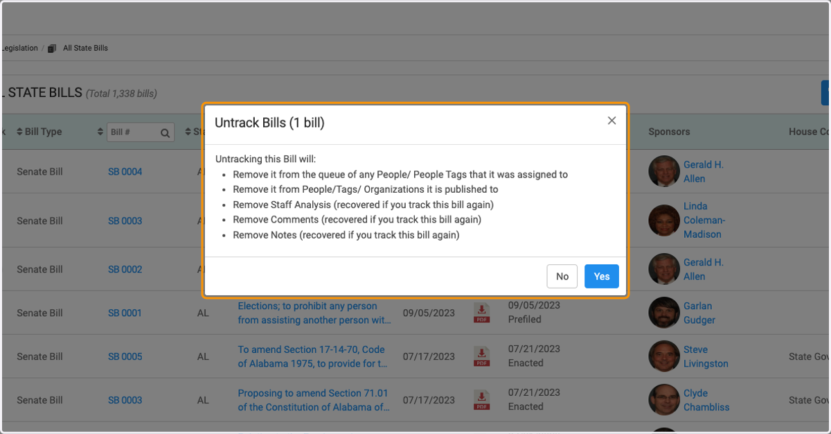 Review the pop-up menu to see implications of removing untracking the bill and click Yes