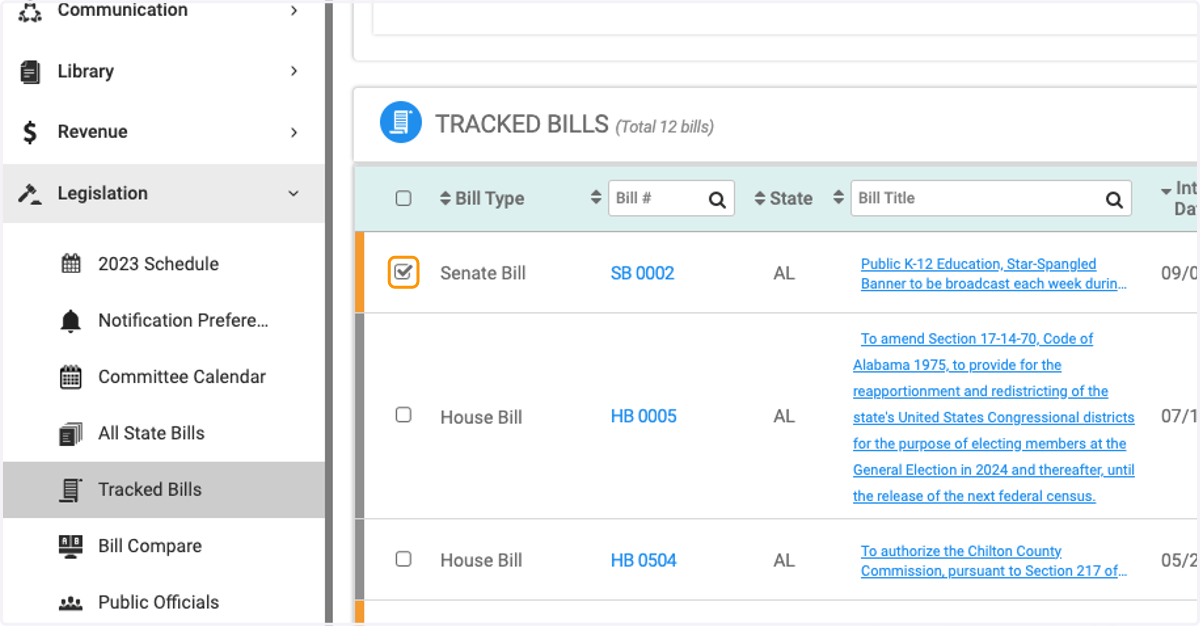 Scroll down and check the box of the bill you wish to Untrack
