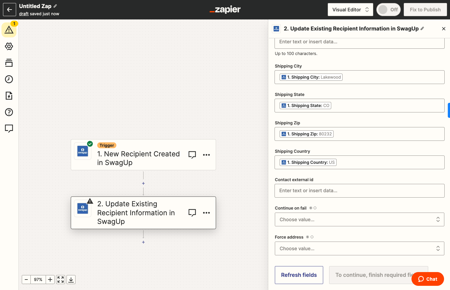 Click on Refresh fields and continue to begin using your Zap