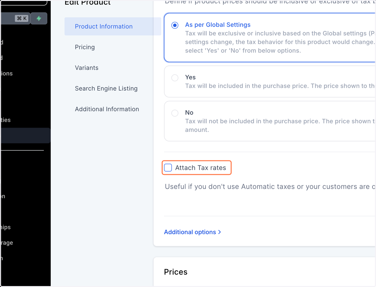 Klik derefter på Attach Tax rates
