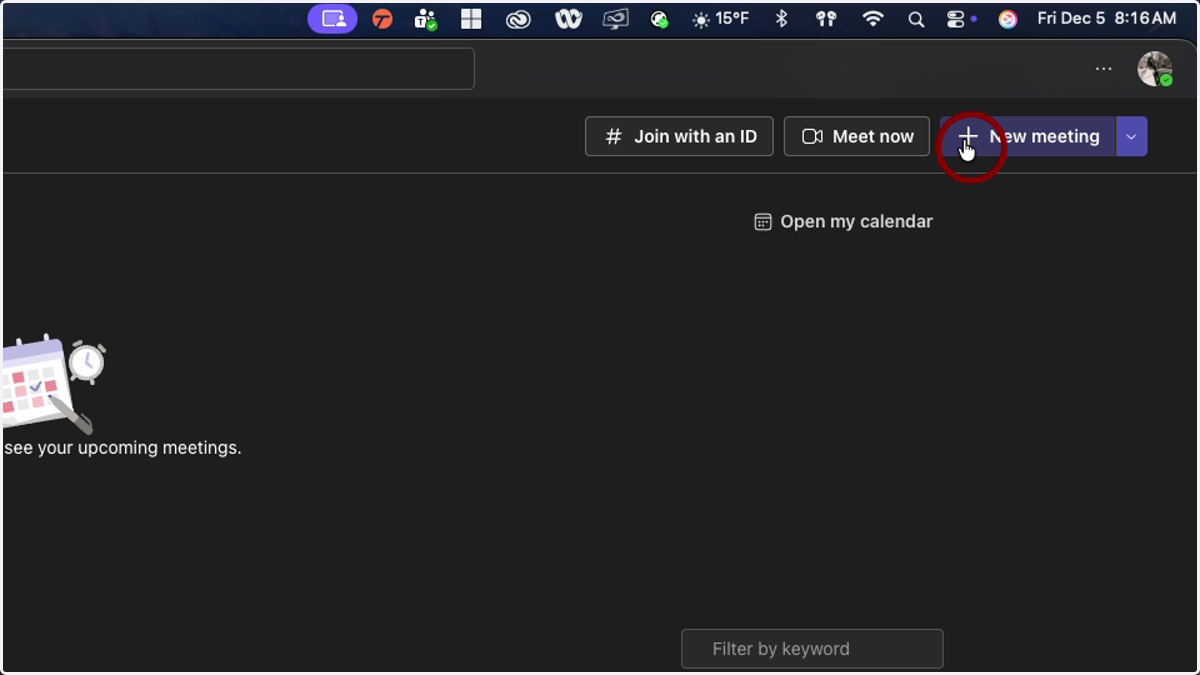 Click on New Meeting in the 'Meet' app in MS Teams