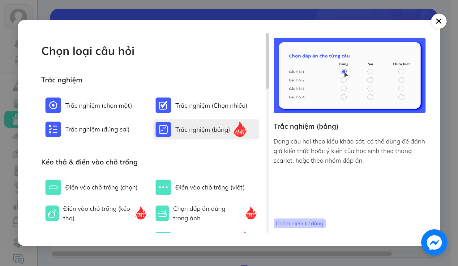 Nhấn chọn "Trắc nghiệm (bảng)"