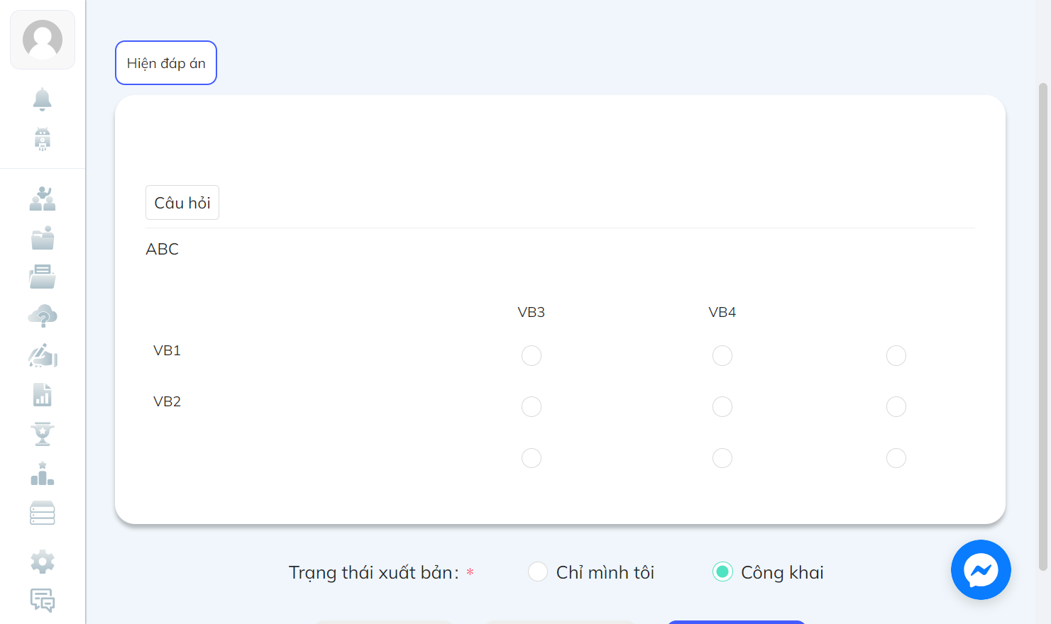 Bảng hiển thị câu hỏi
