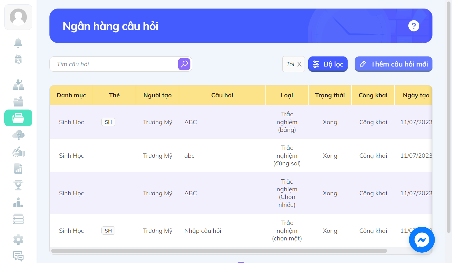 Nhấn chọn "Thêm câu hỏi mới" để chọn dạng câu hỏi