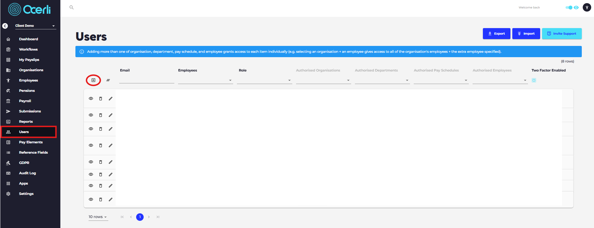 Navigate to the Users screen on the main menu on the left and select the 'Add New Record' icon