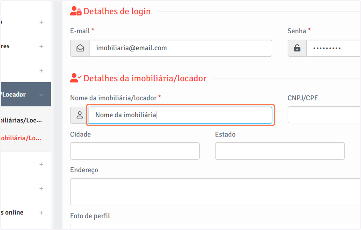 Insira o nome da imobiliária ou locador.