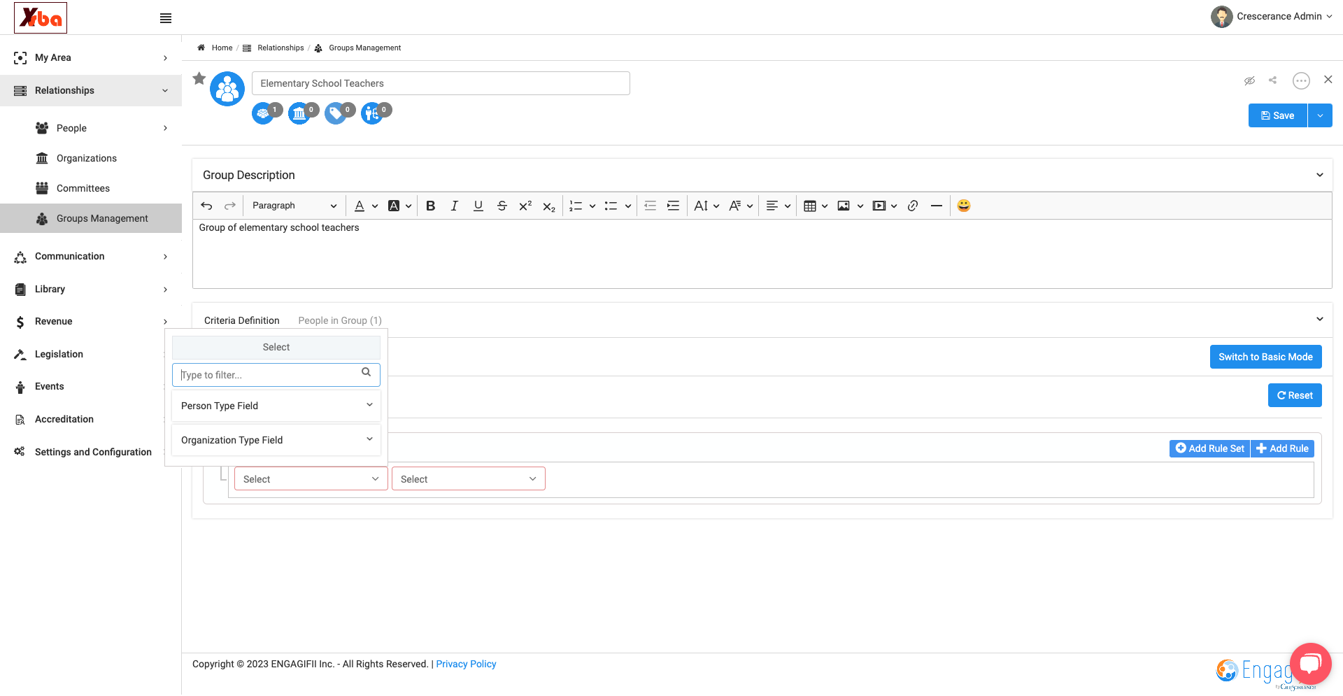 Click on Person Type Field to chose criteria from drop down list for Person or Organization