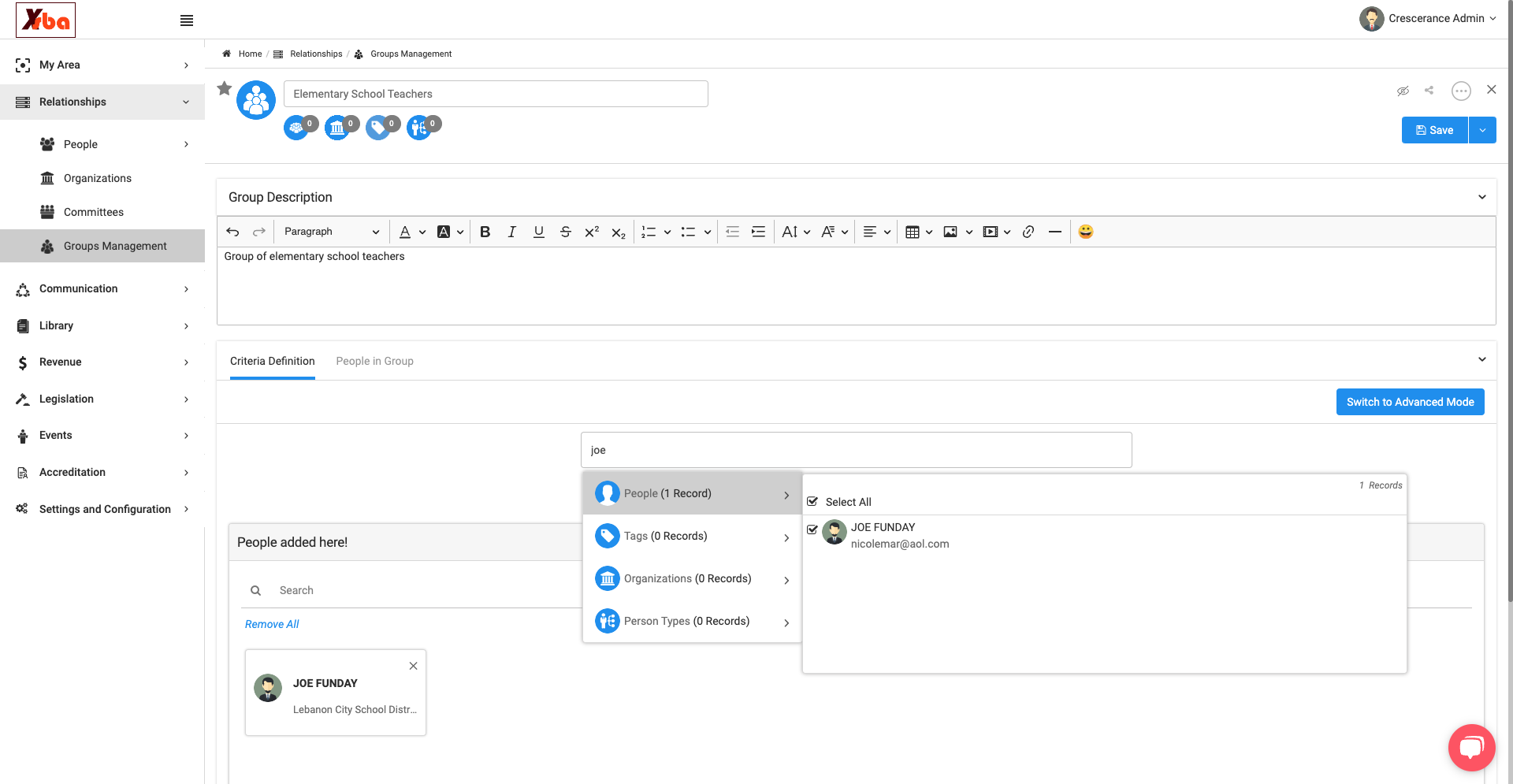 Click on Type to add people, organizations, tags and person types