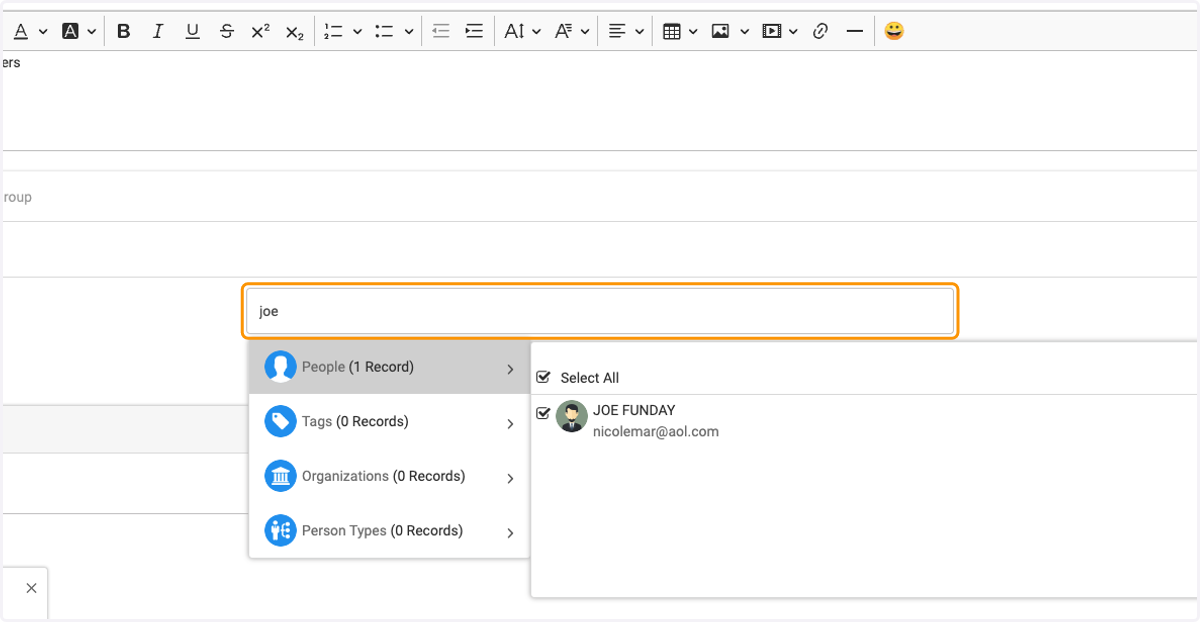 Click on Type to add people, organizations, tags and person types