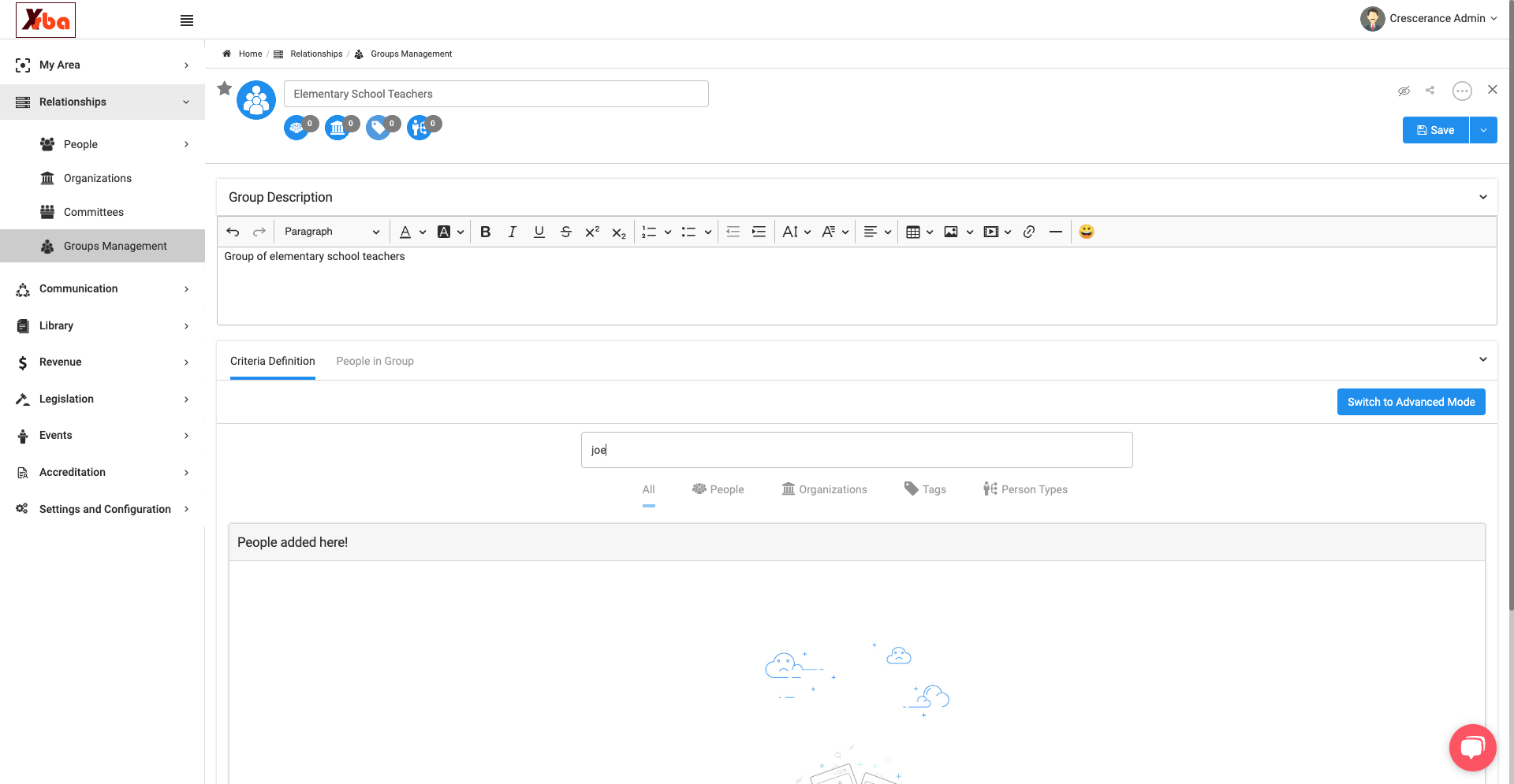 To create a static group you manage, type the person name or organization that you want to add.