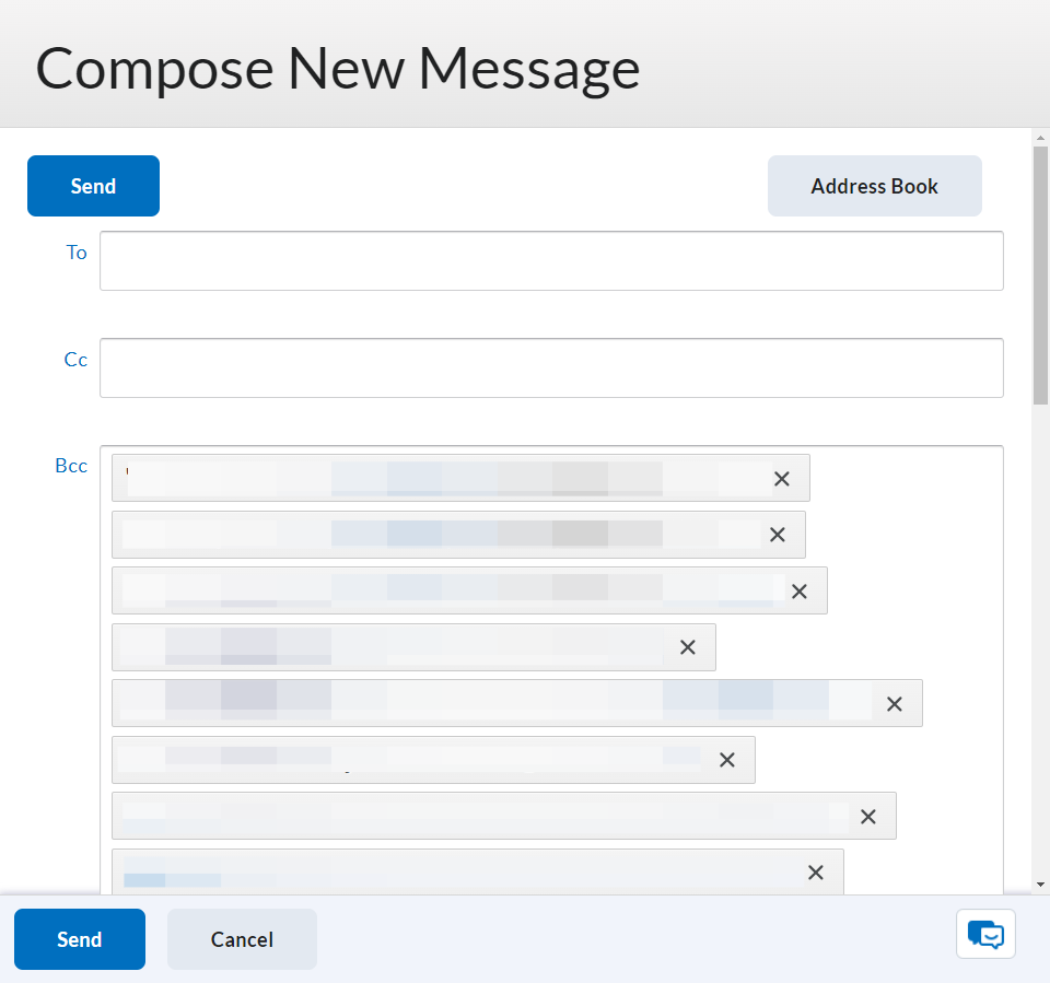 Compose a message to support students. You may encourage them to log on and engage with course content, direct them to support services in the ARC or offer you office hour time as a chance for them to stop in and get support. When you are ready, clic