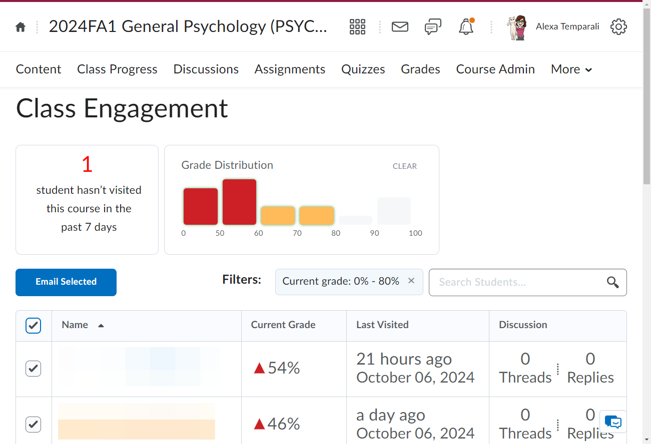 Once you have filtered your students, you can select students to email directly from the engagement page.