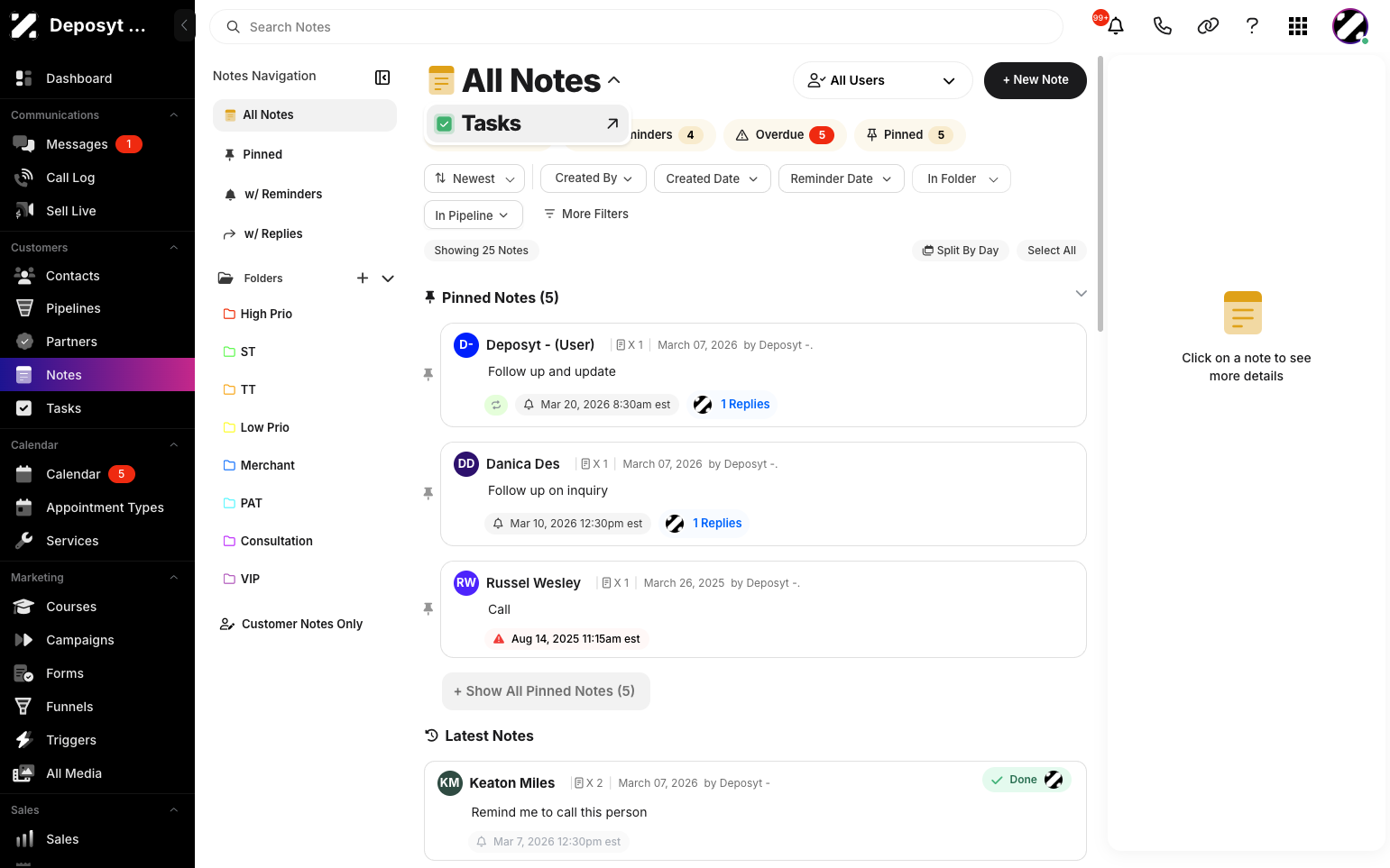 Step 2: Click the ‘All Notes’ icon, and a drop-down menu will appear with an option to go directly to the Tasks section.