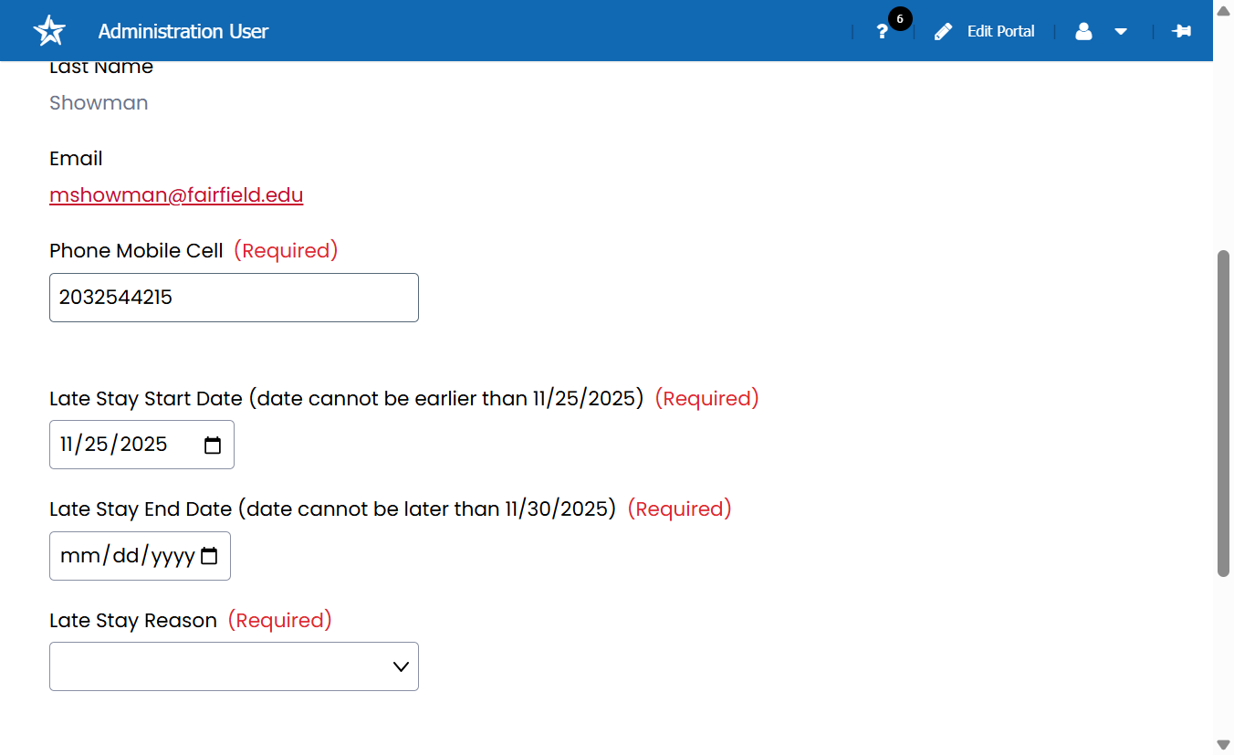 On the same page, complete the request form information. You must include a reason you are requesting to stay late as this will determine if you request can be approved and if you are required to pay a fee.