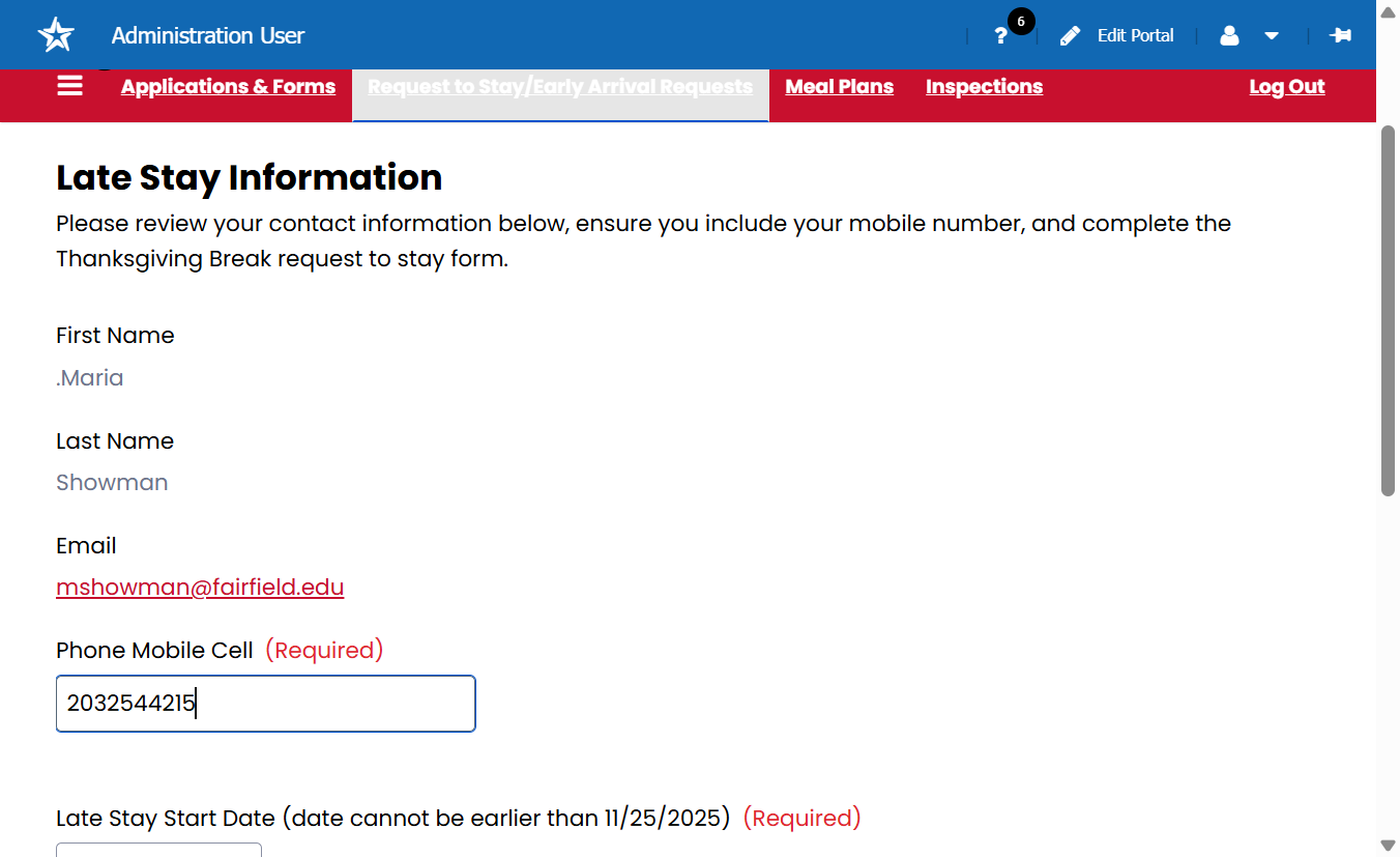 On the Late Stay Information page, review your personal information, and enter, confirm, or update your mobile phone number so it's accurate. A mobile phone number is required to complete the form.
