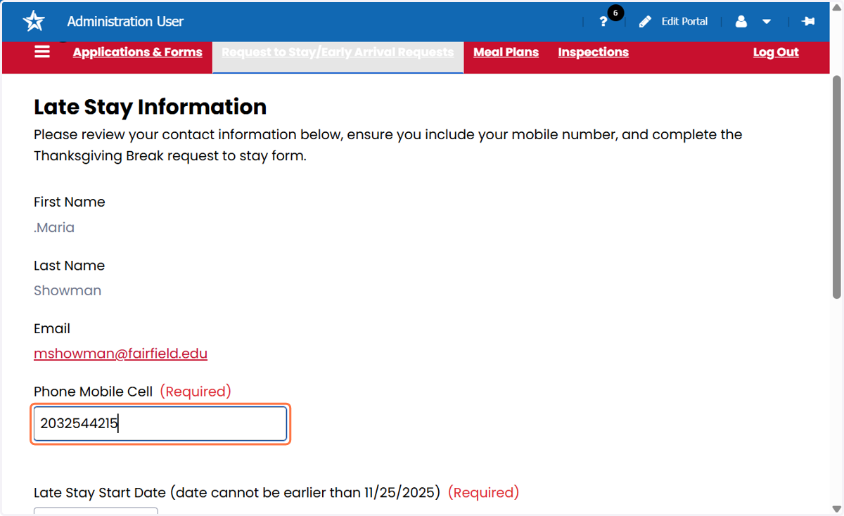 On the Late Stay Information page, review your personal information, and enter, confirm, or update your mobile phone number so it's accurate. A mobile phone number is required to complete the form.