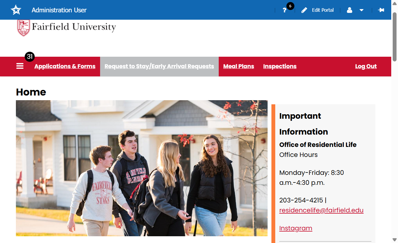 Once on the StarRez Student Portal homepage, click on "Request to Stay/Early Arrival Requests" at the top of the page.