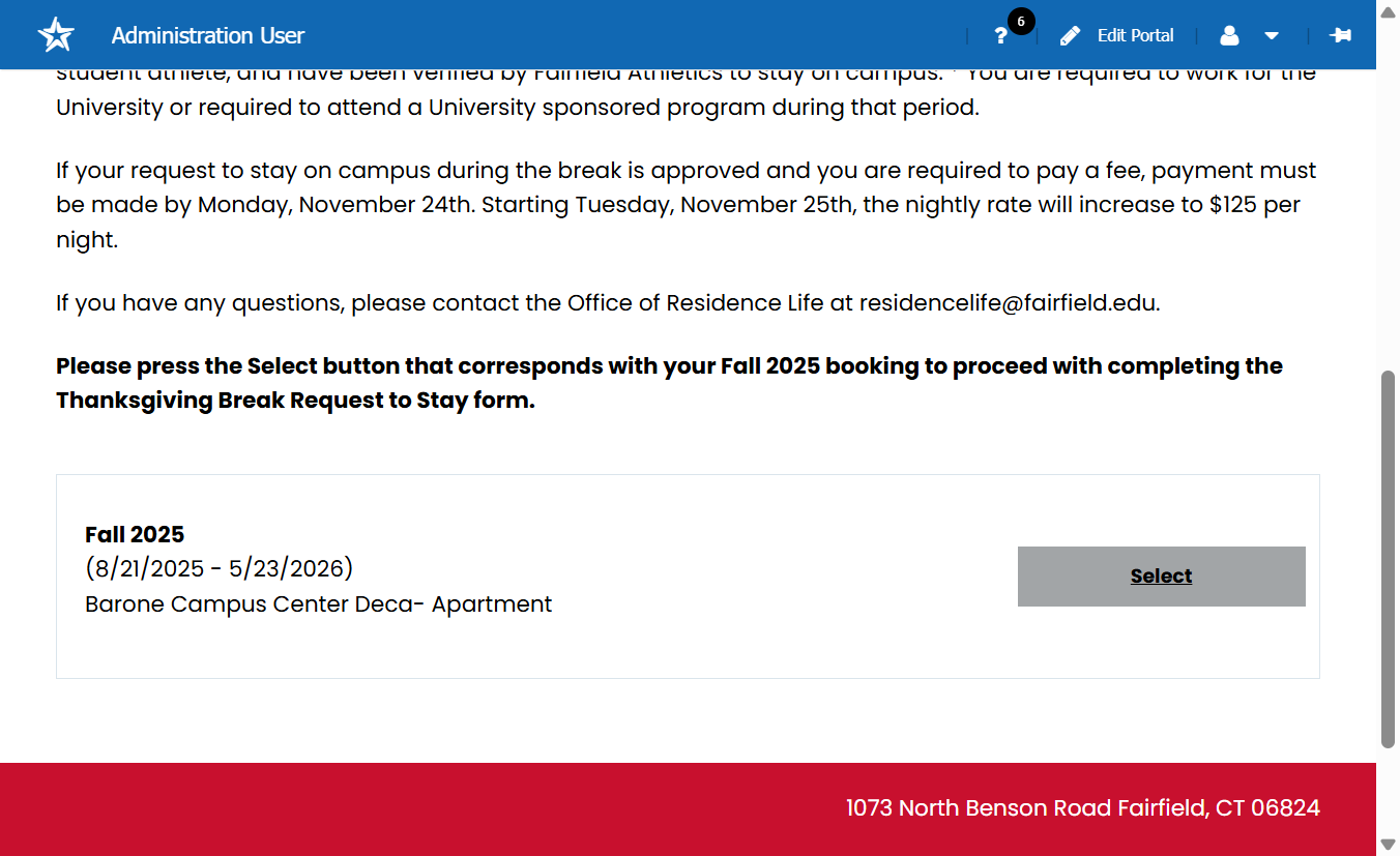 On the Booking Selector page, review the information provided, and if you do not have any questions press the "Select" button that corresponds with your Fall 2025 booking/assignment.