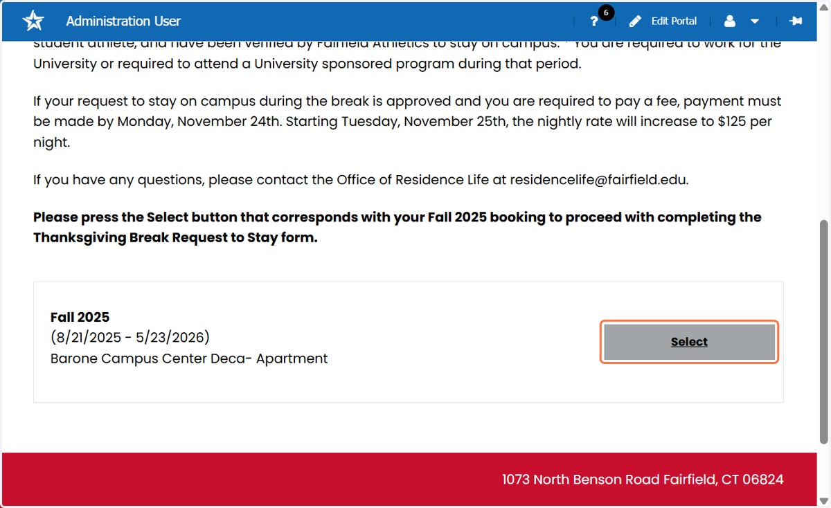 On the Booking Selector page, review the information provided, and if you do not have any questions press the "Select" button that corresponds with your Fall 2025 booking/assignment.