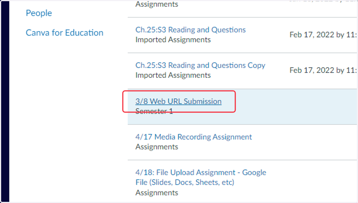 Assignment List Grades Page