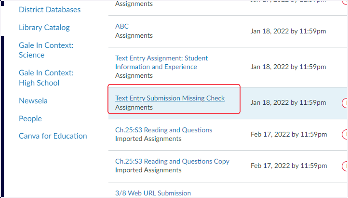 Grades Page Assignment List