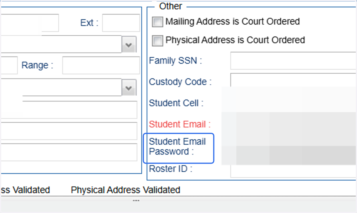Click on the student's name to bring up detailed demographics. - The student's password is listed right below student email.