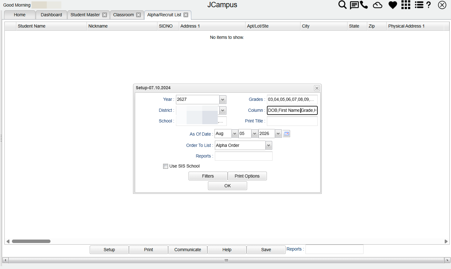 In the setup box, select "column"