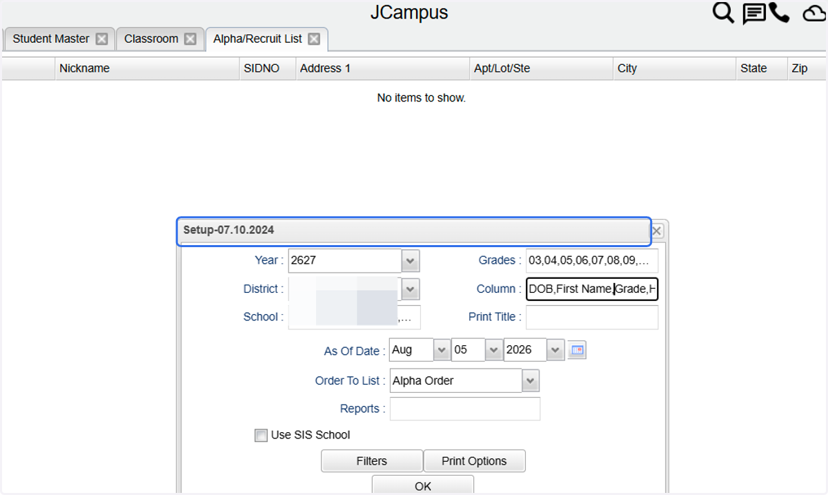 In the setup box, select "column"