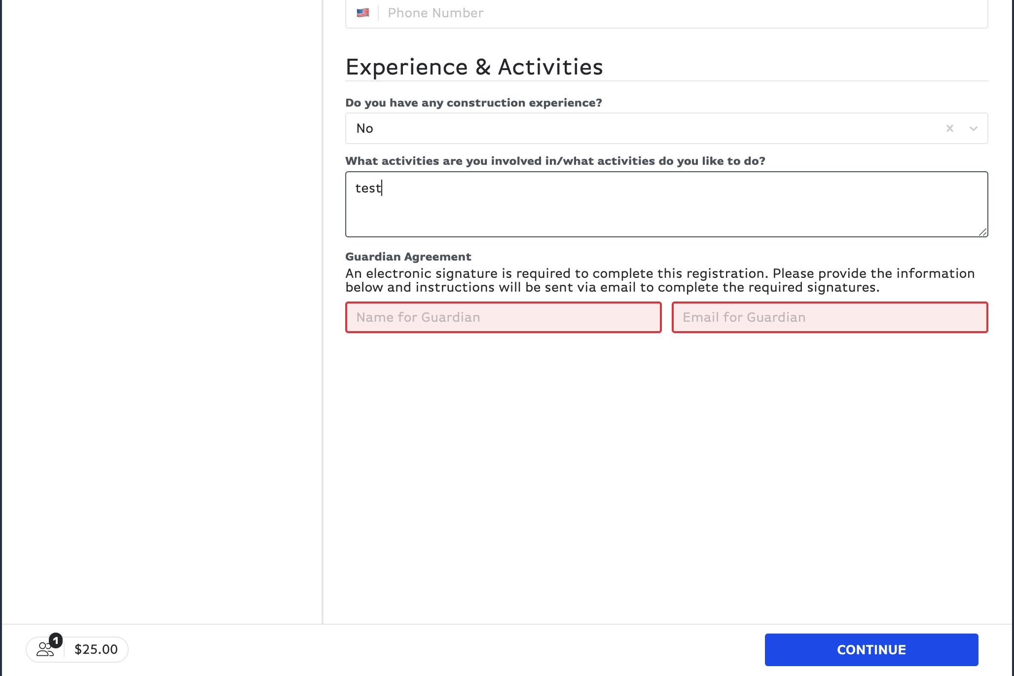 Type in the name of the guardian and their email that will sign the agreement form & upload a copy of your insurance card.