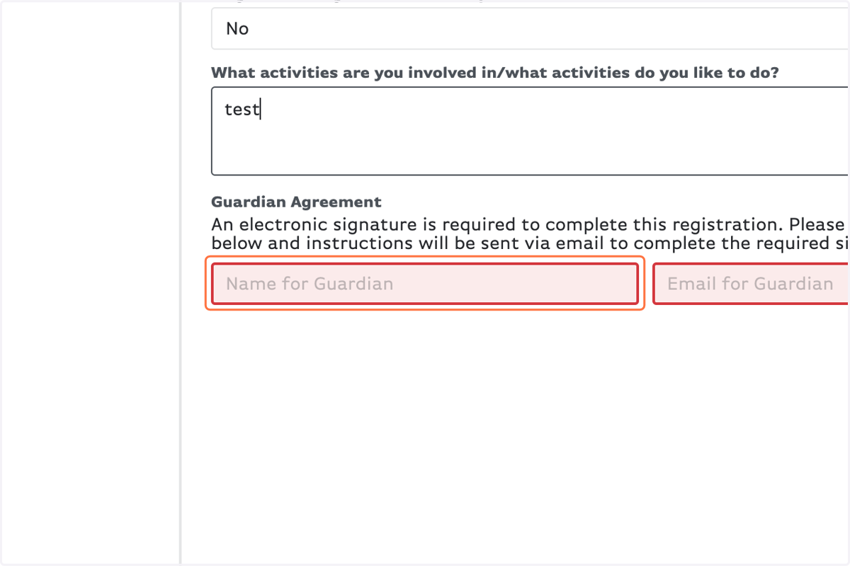 Type in the name of the guardian and their email that will sign the agreement form & upload a copy of your insurance card.