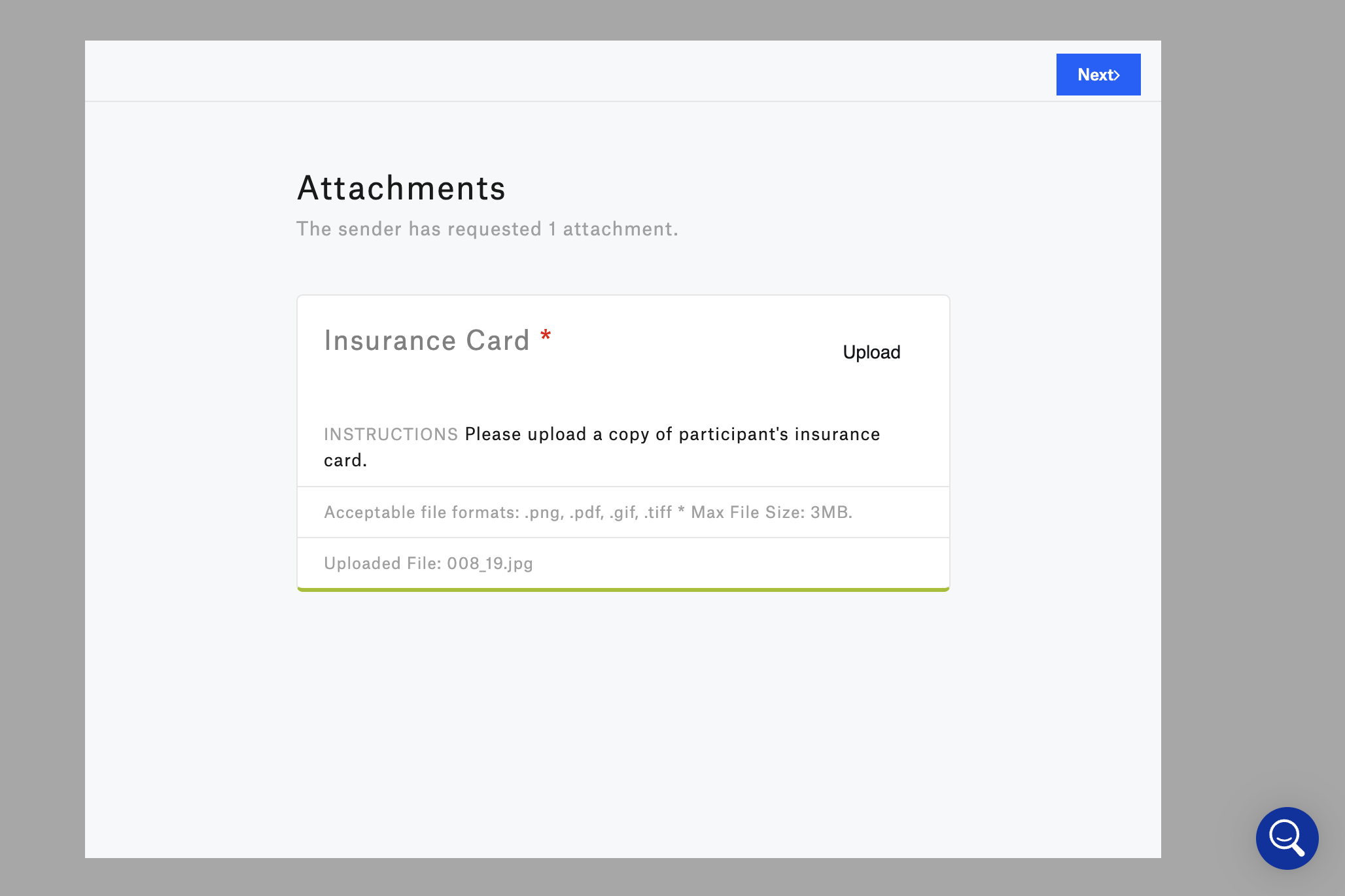 Upload a copy of your insurance card and click on Next