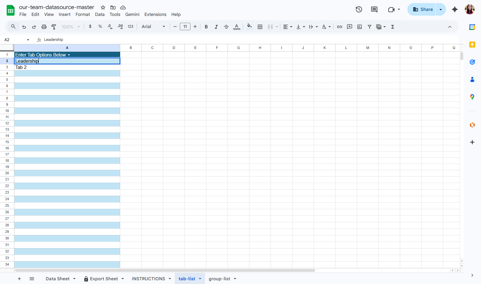 Here, you can overwrite "Tab 1" and "Tab 2" with the names of the tabs you want to use. You can add as many tabs to this list as you would like. Alternatively, if you do not want to split your directory into tabs, you can delete "Tab 1" and "Tab 2" a