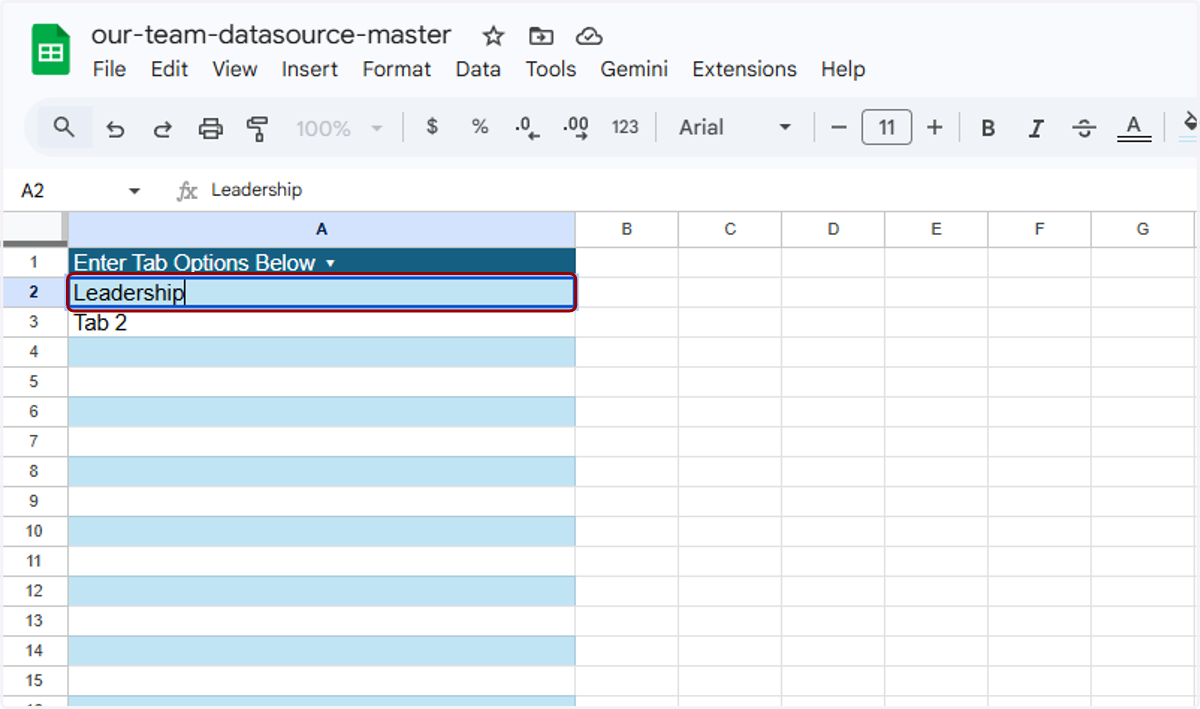 Here, you can overwrite "Tab 1" and "Tab 2" with the names of the tabs you want to use. You can add as many tabs to this list as you would like. Alternatively, if you do not want to split your directory into tabs, you can delete "Tab 1" and "Tab 2" a