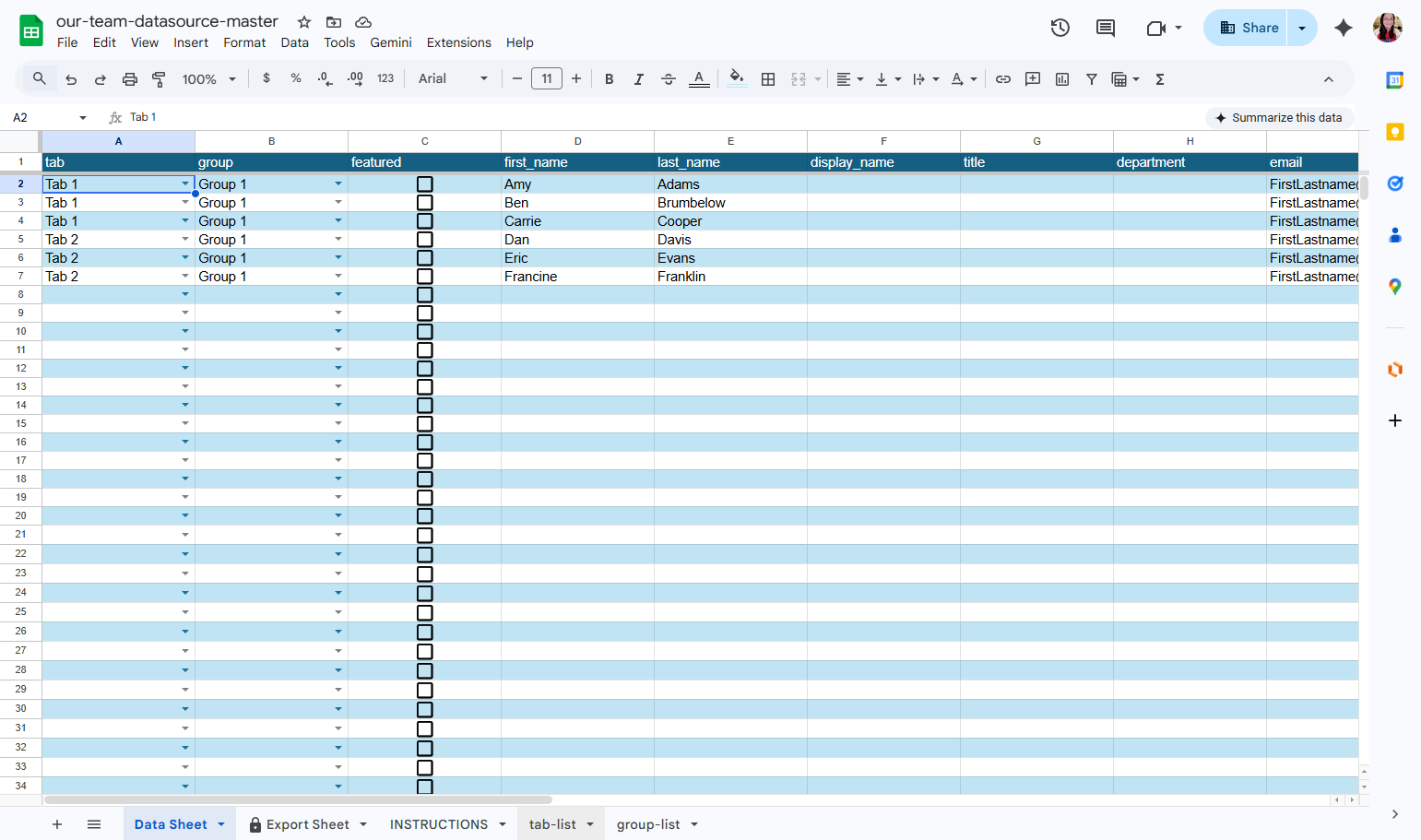 To manage the tabs, click on the "tab-list" tab at the bottom of the document.