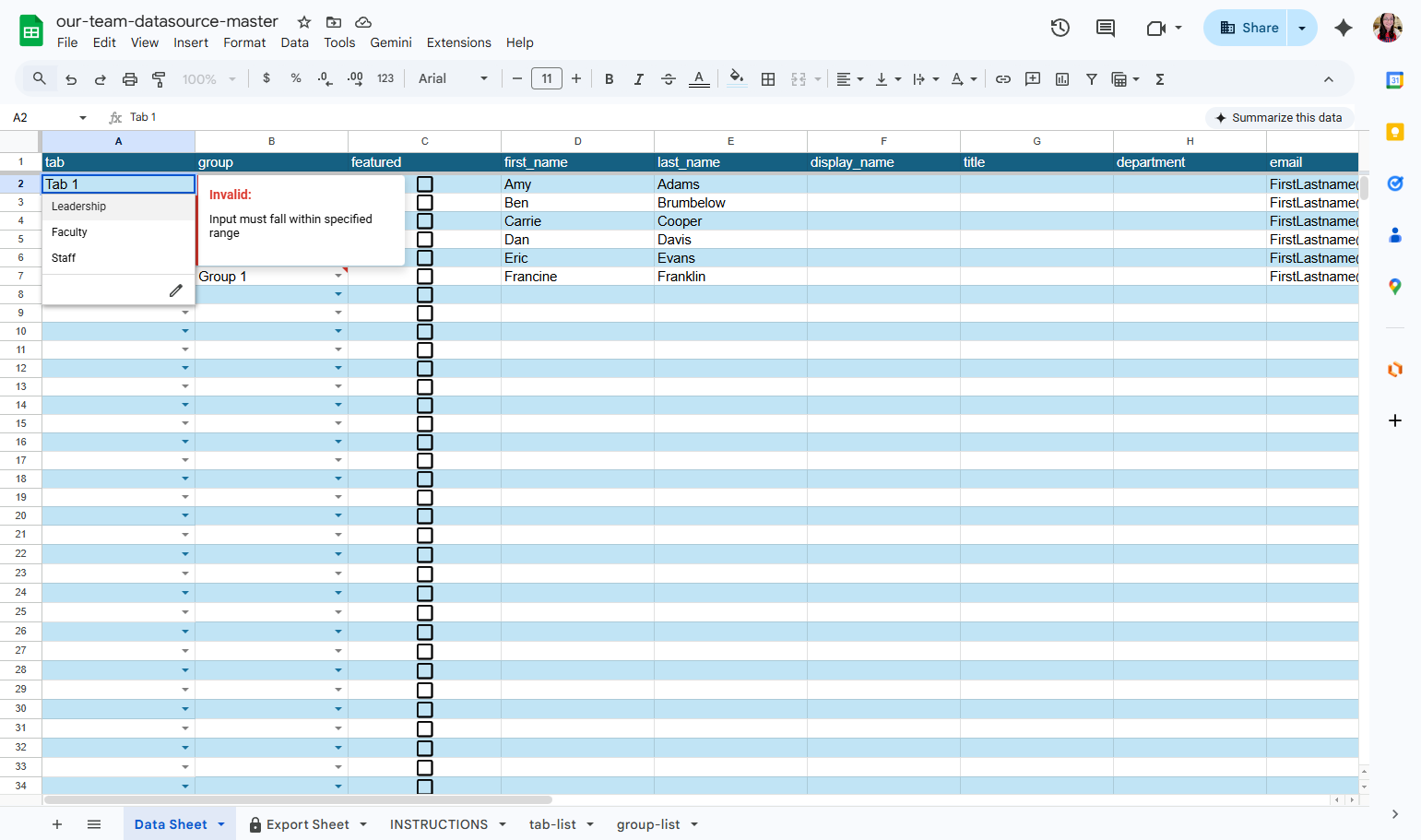 For this first entry, I'll hit the dropdown and select the first tab I want to show. In this case, that's Leadership.