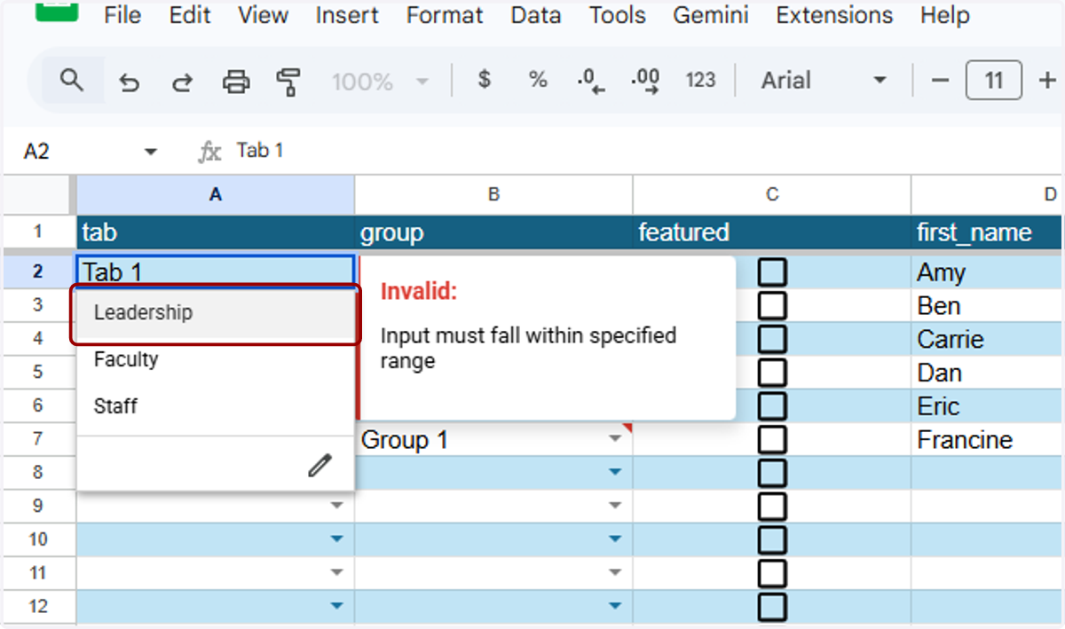 For this first entry, I'll hit the dropdown and select the first tab I want to show. In this case, that's Leadership.