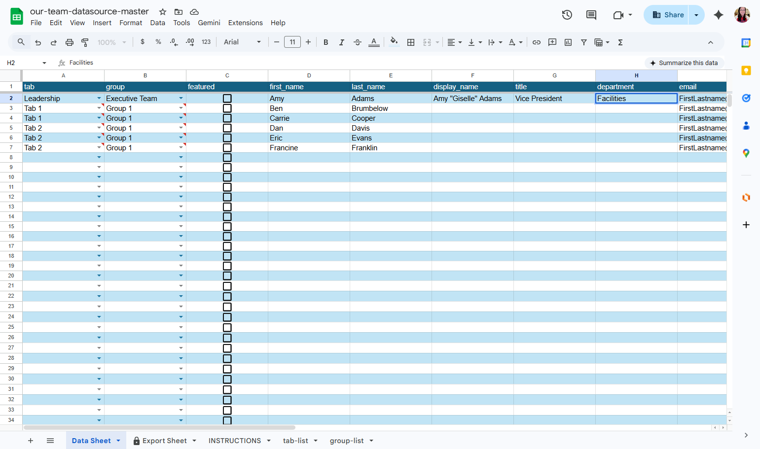 ...and department in the relevant columns.