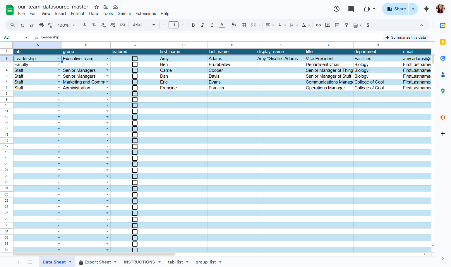 I've now filled in all of my department's directory information. Notice that I have a Faculty tab, but left the Group blank. This is because I don't want to show sub-groups on this tab.