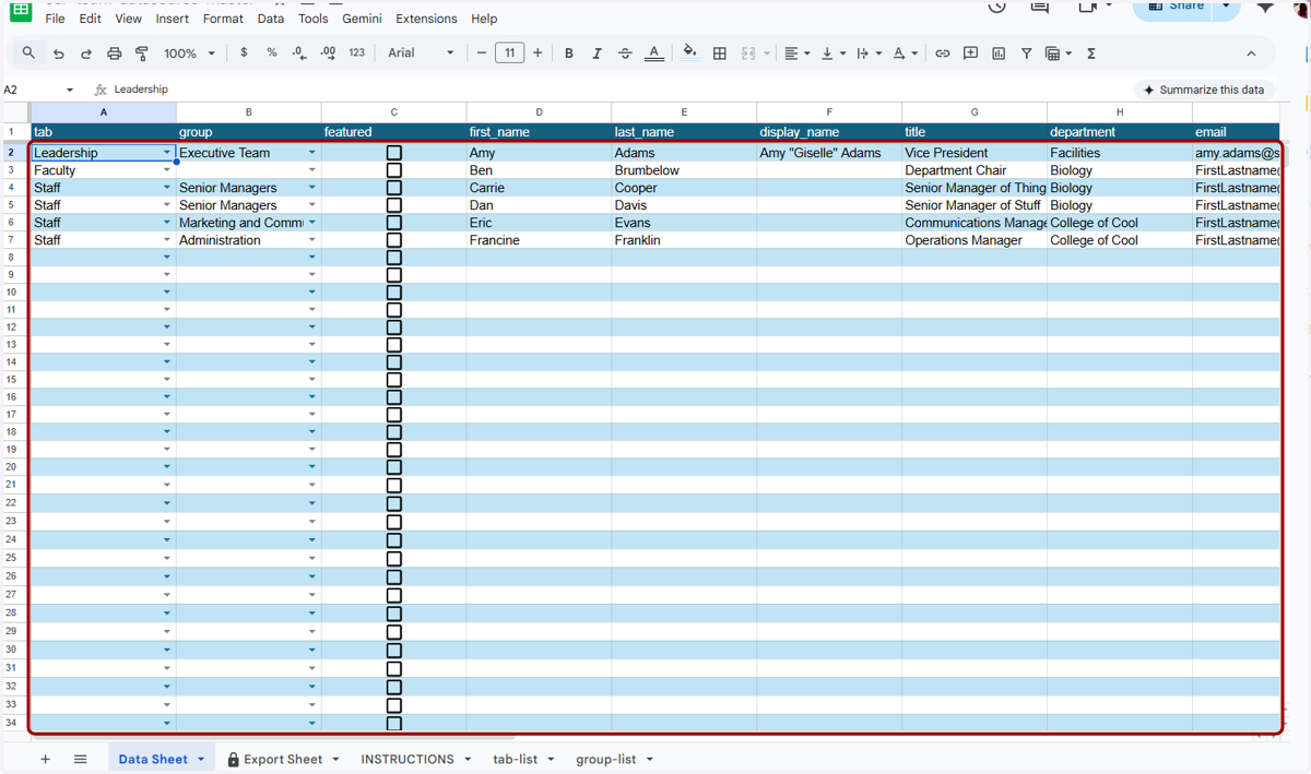 I've now filled in all of my department's directory information. Notice that I have a Faculty tab, but left the Group blank. This is because I don't want to show sub-groups on this tab.