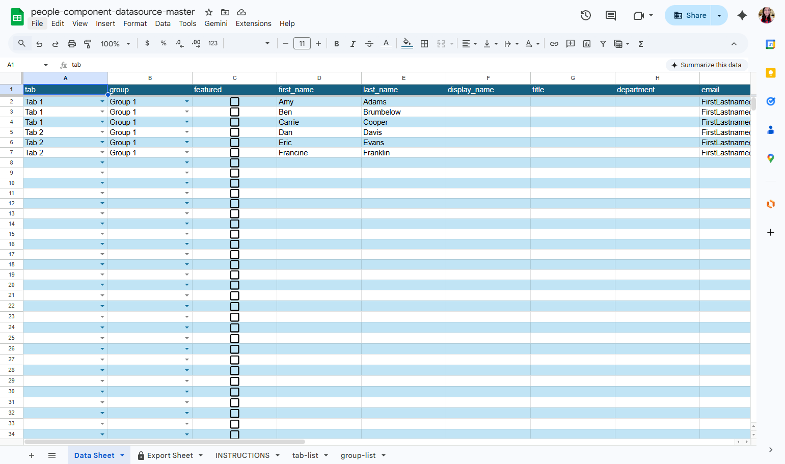 Make a copy of the master People Component Datasource spreadsheet. You can find it at gosbu.co/peopledata. To make a copy, go to File...
