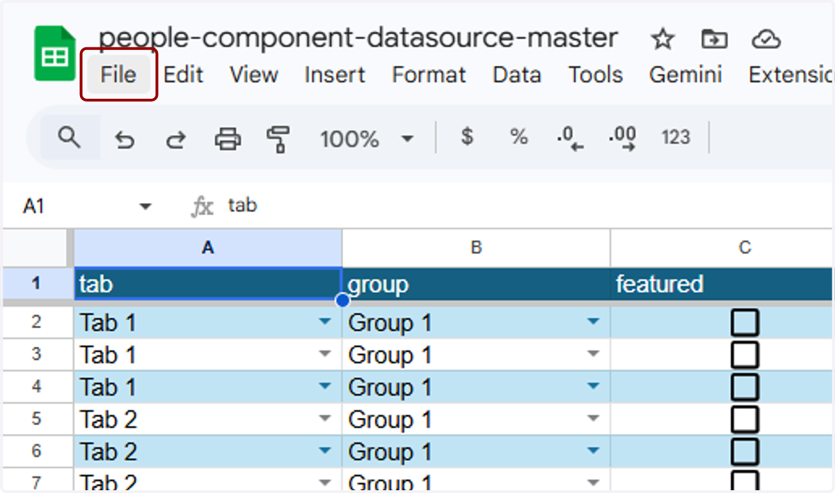 Make a copy of the master People Component Datasource spreadsheet. You can find it at gosbu.co/peopledata. To make a copy, go to File...