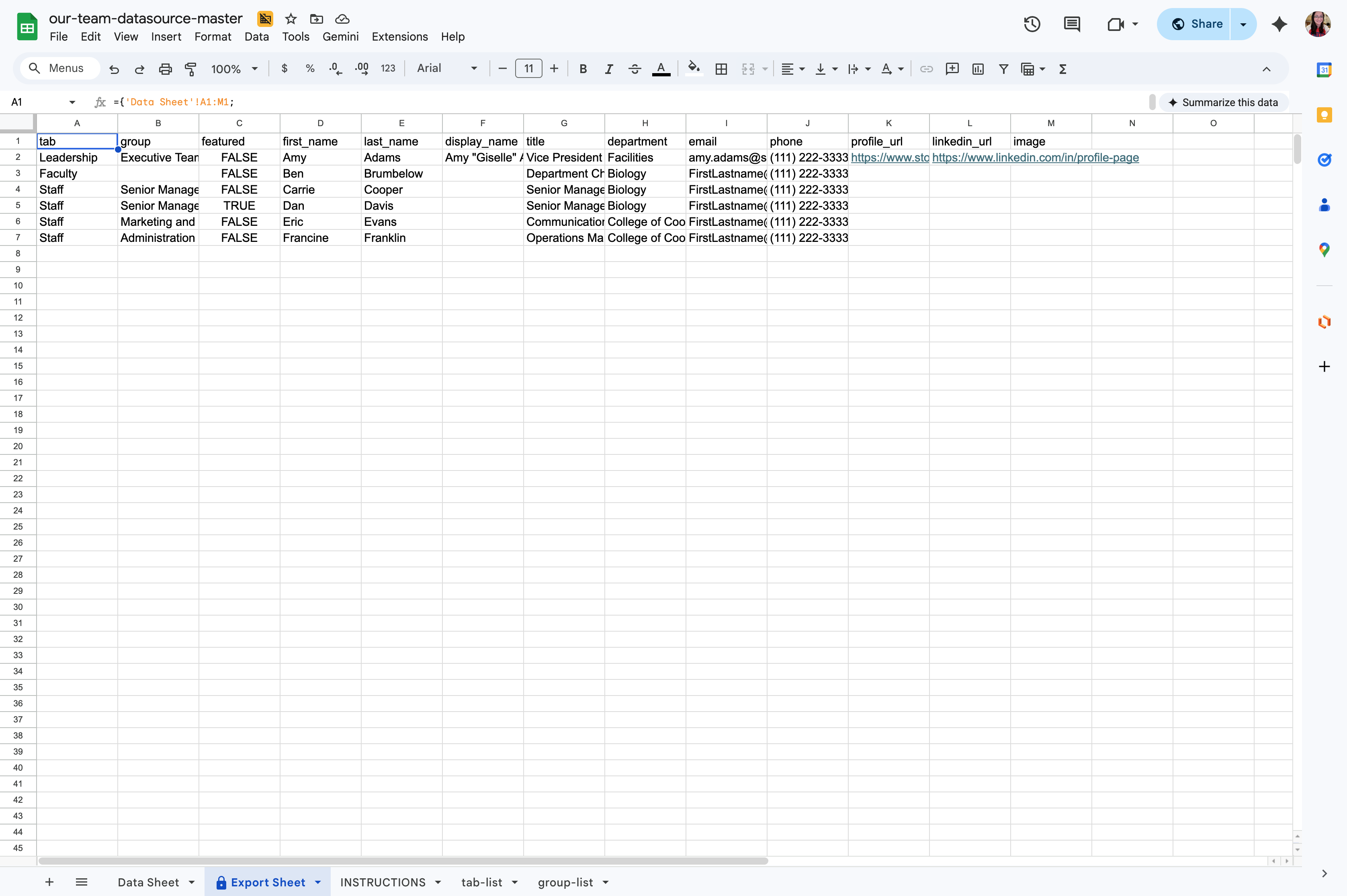 You'll see this sheet is a simplified version of the data you were just updating. This is the format the People Utility tool will need.